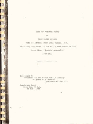 Item #104534 Copy of Private Diary of Jane Eliza Currie, Wife of Admiral Mark John Currie, R.N....