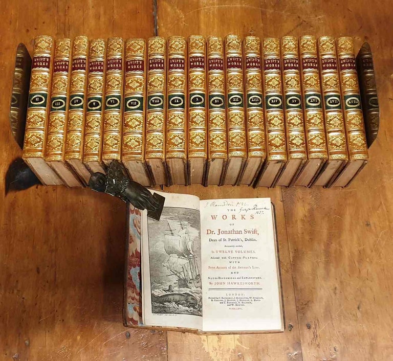 Item #98085 The Works of Dr. Jonathan Swift ... accurately revised in twelve volumes (together with) six volumes of letters [1766] includes Gulliver's Travels and Voyage to Lilliput [Cottage Bindery]. Jonathan Swift, John Hawkesworth.